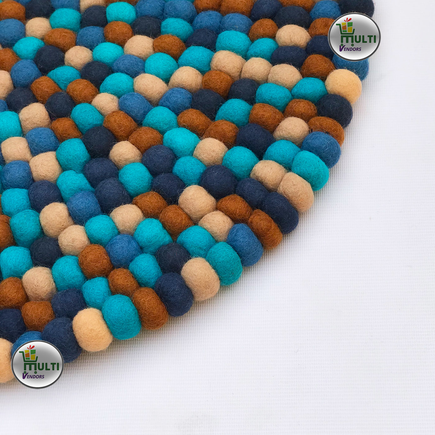 ROUND BLUE-BEIGE MULTI COLOR FELT BALL RUG-MVSEB-BM- 21523A